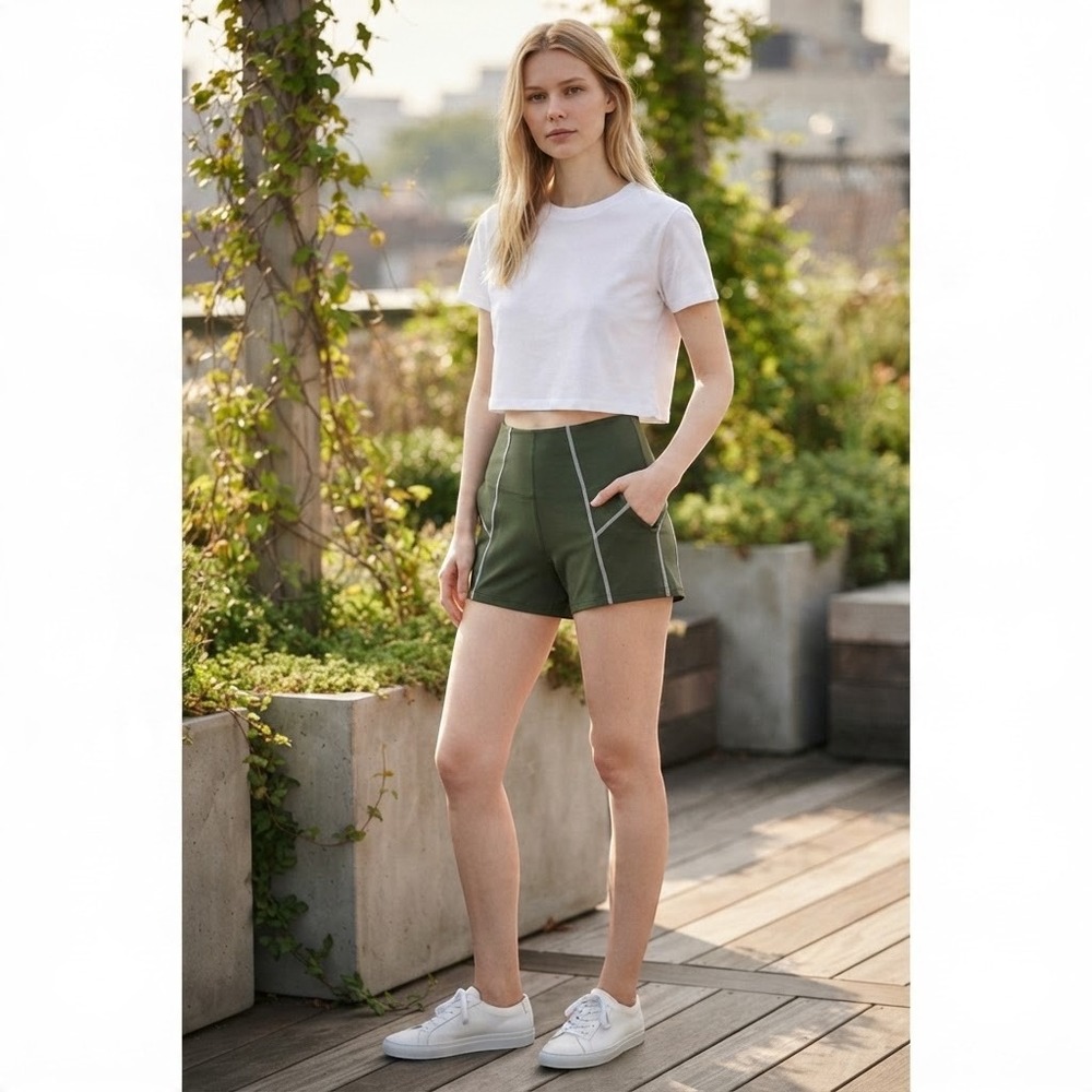 FP Movement Womens High Rise Athletic Shorts Green Contrast Stitching Size M